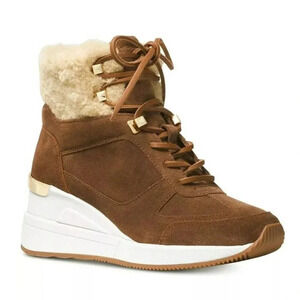 Michael Kors Women's Liv Wedge Booties Dark Caramel Suede Size 9.5 M (MSRP $250)